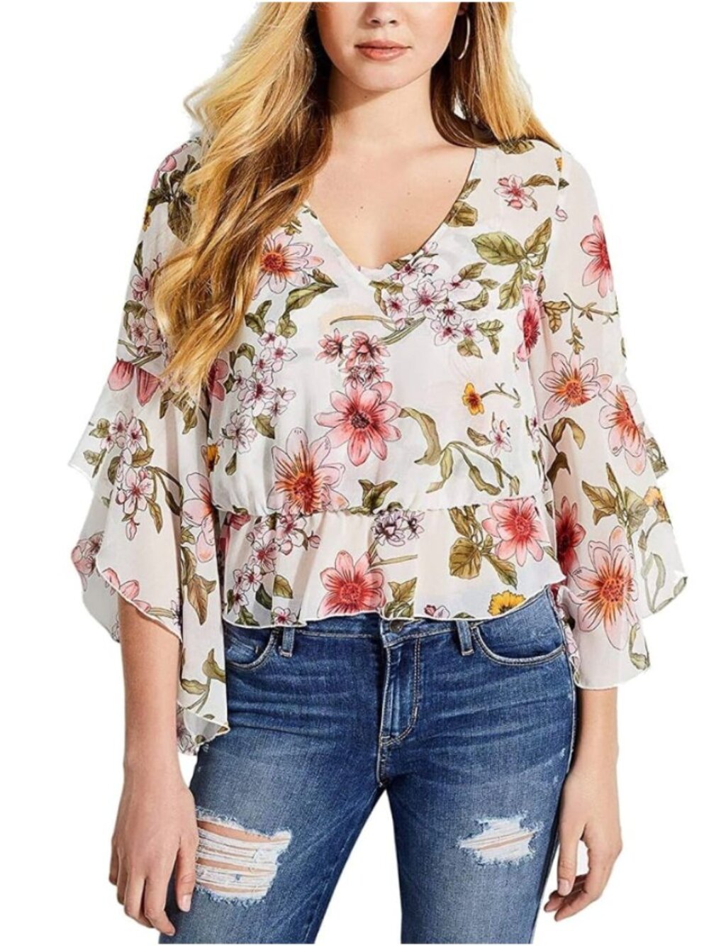 Guess Floral Peplum Blouse in Pink and White